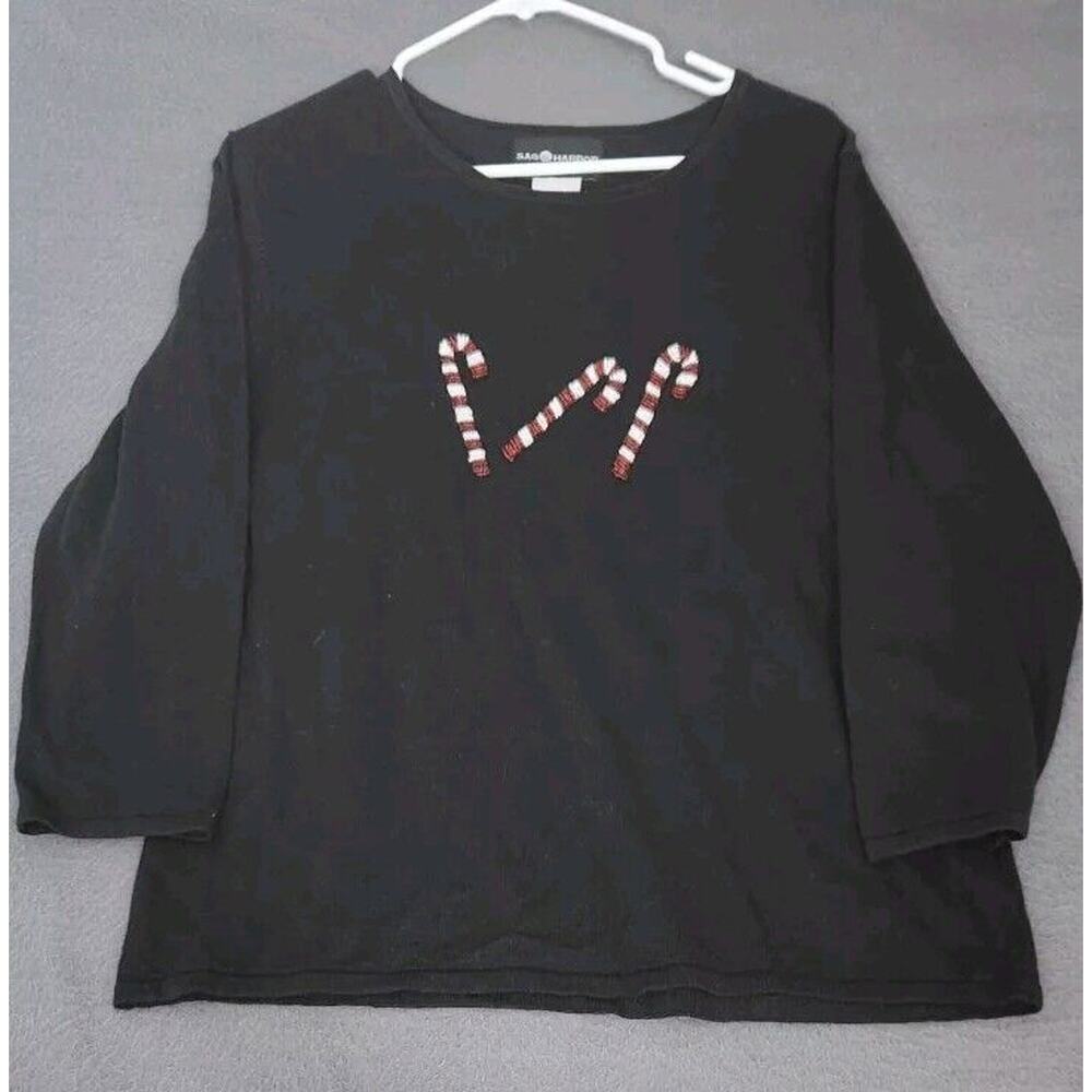 Sag Harbor Holiday Top T-Shirt Tee Black w/Red White Bejeweled Candy Cane Sz L